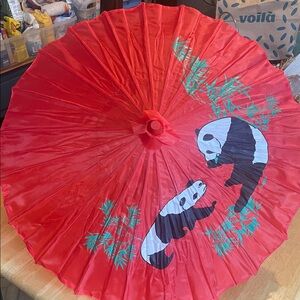 Vintage Red Paper Panda Sun Parasol with Wooden Handle